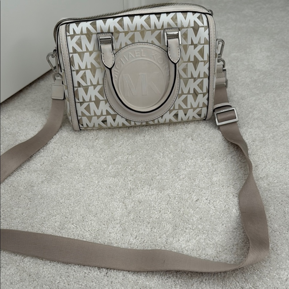 Michael Kors Tan and White Crossbody Bag with Monogram Print